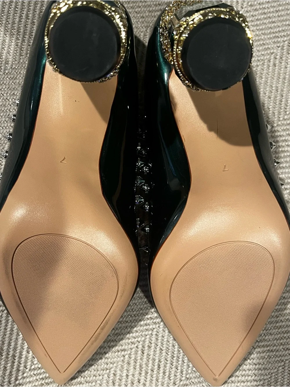 FSJ Women's Dark Green Pointed-Toe Studded Pumps
